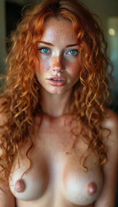 woman, full body Portrait, beautiful ginger, instagram top model, 25 years old, happy, perfect, slim body, (Naked:1.8), no BRA, c big breasts, transparent white tiny panties, erected big nipples, long bright orange long tousled hair, (curly hair:1.6), hair half up half down, perfect face, (freckles:1.7), eye contact, spread legs, perfect bright green eyes, gorgeous, sexy, sensual, hot shy sexy erotic, seductive eyes and look, pulld, puffy, nipples, dark, wide, <lora:attractive_notrigger:2>, <lora:BUT_SDXL_SHS:2>, <lora:add-detail-xl:2>, <lora:Nipples XL:2>, <lora:MJ52:2>