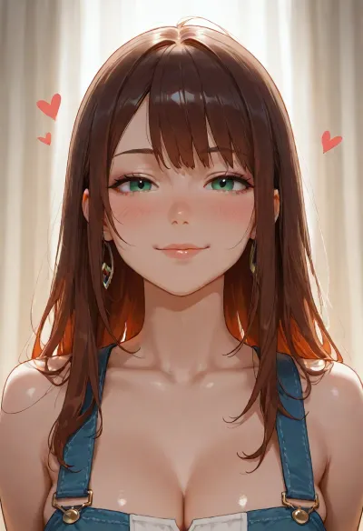 Heart-shaped face with soft, youthful proportions and gentle facial symmetry. Smooth forehead with a softly rounded hairline. Large almond-round blue-green eyes with subtle gray undertones, bright natural catchlights, and a calm, attentive gaze. Delicate medium-length eyelashes and softly arched natural eyebrows.

Small, straight nose with a refined bridge and softly rounded tip. Naturally full lips with a defined Cupid's bow, a fuller lower lip, and a relaxed, gentle closed-mouth smile. Softly rounded cheeks with subtle natural definition and a delicate jawline tapering into a rounded chin.

Fair complexion with warm neutral undertones, smooth realistic skin, soft natural blush across the cheeks, faint skin translucency, and minimal visible imperfections.

Long, thick chestnut-auburn hair with soft natural waves, rich warm brown tones with copper highlights, curtain bangs parted near the center, face-framing layers, healthy silky texture, and natural volume.

Overall expression conveys warmth, quiet confidence, kindness, emotional maturity, and approachability. Realistic anime aesthetic with subtle photorealistic influence, refined facial anatomy, expressive eyes, elegant proportions, and a highly consistent facial identity.