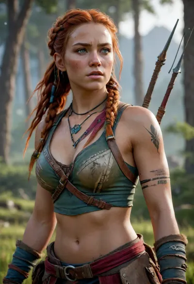 Aloy from Horizon Zero Dawn / Forbidden West, beautiful 20-year-old athletic woman, fair skin with freckles on nose, cheeks and forehead, striking green eyes, long vibrant red hair with braids and tribal beads, strong determined expression, sharp facial features, perfect symmetrical face, highly detailed realistic skin texture, sweat and dirt details, muscular yet feminine athletic build, toned abs and arms from hunting, medium perky breasts, narrow waist, wide hips, wearing detailed Nora tribal outfit with fur accents, leather straps, blue and red elements, focus weave armor, quiver on back, bow in hand, dynamic pose in post-apocalyptic wilderness with machines in background, dramatic golden hour lighting, cinematic composition, photorealistic, ultra detailed, 8k, masterpiece, best quality, sharp focus, realistic proportions