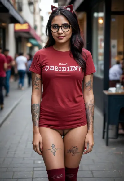 25-year-old Indian Bengali woman outside a crowded roadside restaurant wearing only a tshirt and thigh-high socks, lost in her thoughts, looking away from the camera, perfect curvy figure, long dark black hair, no makeup, loose pigtails, headband, transparent spectacles, shy smile like she's just been told she looks great, ((dark red tshirt with the bold text writing "Obedient Slut":1.6)), ((transparent thigh-high socks:1.4)), shoes, ((naked pussy:1.6)), ((shaved pussy:1.6)), ((visible pussy:1.6)), bare legs, ((front view:1.3)), ((full body view:1.6)), camera 60 feet away, upskirt, <lora:ClearHand-V2:.5>, <lora:texta:.8>, (((a small pussy cat face tattoo on thigh:1.6))), ((prominent errected nippple pookies:1.6))