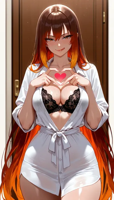 (masterpiece), (photo realistic), (high resolution), Latina Asian mix, mid 30s, fair skin, slender, narrow face, freckles, tattoos, natural medium breasts, ((excessively long colored hair)), ((hyper long hair)), ((hair goes past her waist)), no bottom, (long oversized plain shirt), black lace bra, black thong, (making heart with fingers), coy smirk, teasing eyes, licking her lips seductively