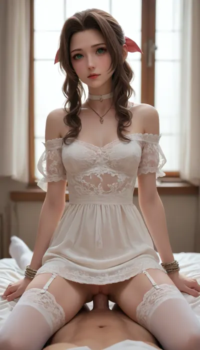 Aerith Gainsborough, long brown curled hair, bold green eyes. C size breasts, thin waist, slender thighs, slim legs, hourglass figure., (Extremely textured white lace sheer off-shoulder, mini-dress, thigh high white lace stockings, garter, white choker), arms tied behind back, pov, kneeling, Legs spread, straddling man's waist, cock in pussy, missionary sex, leaning toward camera cleavage
