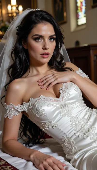 masterpiece, cinematic photo of one women, HQ, perfect light, perfect vibrant eyes, 25 year old bride, instagram model, ((((grabbed breast by left hand)))), (((masturbating by right hand))), laying on the alter in a church, (dark hair, very long wavy tousled hairstyle), looking into the camera, ((((elegant white satin and lace bridal dress)))), ((deep neckline)), edgOrgasm, focus, woman, with, edgOrgasm_face, masturbation, fingering, female_masturbation, grabbing_own_breast, <lora:attractive_notrigger:1.8>, <lora:BUT_SDXL_SHS:1.7>, <lora:Vivid Midjourney mimic - XL SDXL v2.0:2>, <lora:add-detail-xl:1.8>