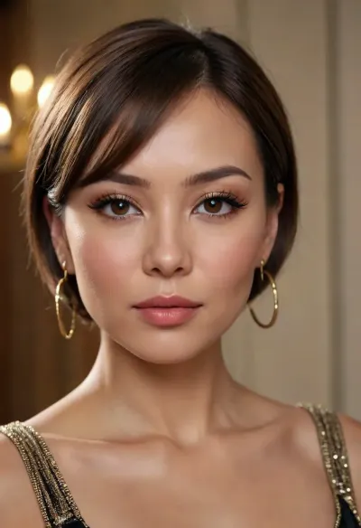 consistent character Alma from KazAlma series, exact same face as uploaded reference photo, 37 year old Kazakh woman, short brown bob haircut, strong winged eyeliner, full glossy lips, warm skin with natural glow, small gold hoop earring, photorealistic skin texture
