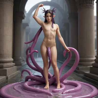 elf femboy, extremly pale skin, bone spikes growing out of skin, glowing eyes, red eyes, dark purple penis, huge penis, huge spikes on penis, mutated penis, full body, black sclera, muscular, muscular femboy, side shave, black hair, purple highlights, towering tall femboy, textured penis, mysterious purple haze, penis tentacles, erect penis, standing in a puddle of purple goo, tentacles growing out of the purple goo, reaching out to viewer with one hand, tentacles stretching towards viewer, they are about to fuck every hole in the viewers body, they will fuck viewer to the point his holes are permanently stretched, covered in slime, tentacles coiling around arms and legs, ancient mysterious temple, wierd mutations in body, (too long arms, deformed patches of skin, small tentacle in hair), welcoming you into the corruption