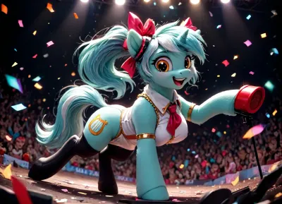 The style of the 50s, masterpiece, best quality, ultra-detailed, photorealistic, highres, 4k, original, maximum details, (Lyra Heartstrings), mlp, (((pony))), hatsune miku hair cosplay, smile, showing teeth, open mouth, makeup, perfect tail, rosy cheeks, furry, anthro, hooves horse, hooves on the feet, Anfisa, big breasts, erect nipples under clothing, hatsune miku cosplay, black stockings, microphone, random pose, best angle, white background, confetti, <lora:Pony_MLP_v1.8SDXL:.8>, <lora:Anfisa_Fox_Riot-XL:1.9>, <lora:princess_xl_v2:.8>, <lora:LCMTurboMix_Euler_A_fix:.8>