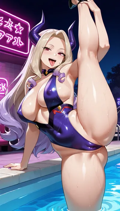 myheroacademia mt lady, She is shown in a flexible, teasing pose, standing with one leg raised high vertically above her head, (like a standing split), leaning against a wall with one hand while playfully sticking out her tongue and winking at the viewer.
She’s wearing a slingshot Bikini, thighs, and a pronounced cameltoe effect, and black high heels with purple accents and a teal star on one shoe. . The overall style is highly sexualized and athletic/teasing. Big cameltoe swimming pool, neon lights, floating in air, taped pussy, kiss pussy