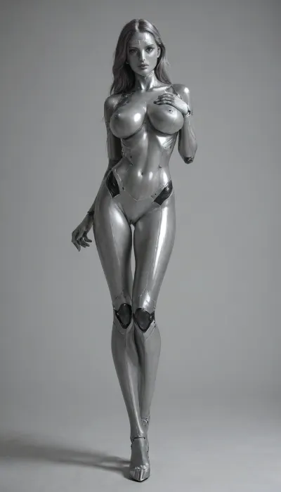 Sexy female robot, large breast, long metallic hair, long legs, hand rubbing a breast, hand rubbing a vagina.