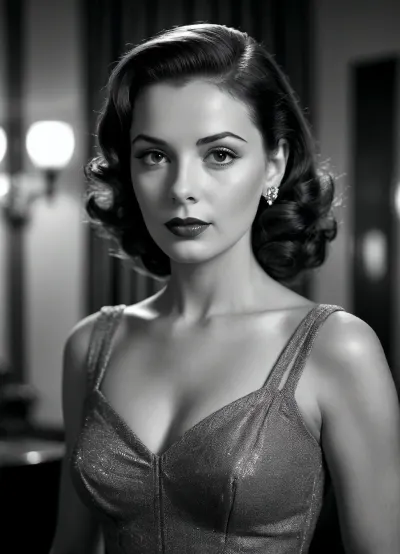 black and white 1950s-style fashion portrait of a beautiful brunette woman in an elegant dress, vintage Hollywood glamour, softly lit, refined pose, film noir atmosphere, high contrast, fine grain, realistic details, monochrome photography