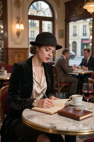 A photorealistic portrait of a young, refined writer in a small Parisian café of the 1920s. She sits alone at a small round marble table, dressed in a vintage silk slip blouse and a velvet jacket, she wears a ladies’ hat. She is deeply immersed in her work and is writing enthusiastically in a notebook, another leather-bound notebook lies on the table in front of her. On the table are a cup of espresso and a half-empty glass of red wine. The café’s interior features warm, romantic lighting and large arched windows overlooking a quiet Parisian street. In the background, the slightly blurred figures of other patrons engrossed in conversation create an authentic 1920s atmosphere—the soft focus makes this a masterpiece.