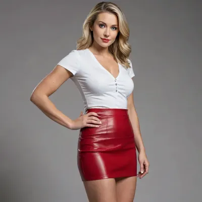 A professional, photorealistic studio portrait of a mature 30-year-old woman standing from head to toe, capturing her entire body, including her legs. She has a life-size L-shaped figure with wide hips and fuller thighs, she stands in a casual, asymmetrical pose, with her weight clearly shifted to her left hip, causing a slight and natural tilt of her torso.
Her face is based on the reference image.
On her feet, she wears elegant, bright red high-heeled pumps with silver stiletto heels and no ankle straps.
She is wearing an extremely short, smooth white leather miniskirt with a top hem that sits very low, starting just below her navel. Over the skirt, she wears a short, bright red, shiny satin shirt with short sleeves and small metallic silver buttons along the right side of the front placket, it is completely unbuttoned, revealing her beautiful breasts. Her hands rest elegantly on her hips. She has long natural nails with a French manicure.
This casual pose fully accentuates her large, firm, natural breasts, which are completely exposed. She has a confident posture, looking directly into the camera with a gentle, self-assured smile. Blonde hair, hazel eyes, professional makeup. A simple gray studio background with no lighting equipment visible, professional studio lighting, perfect photorealism.