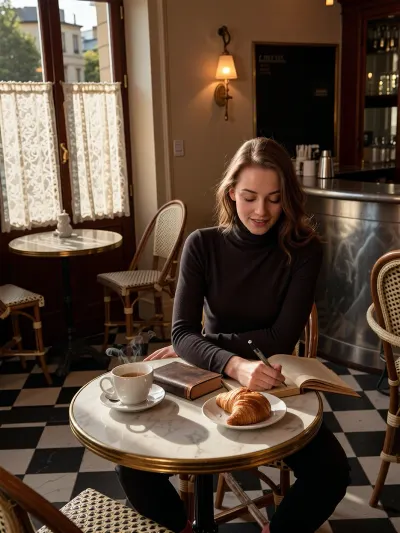 sharp focus on face, beautiful young woman writer sitting alone at small marble-top bistro table in a tiny cozy Parisian cafe, slight smile of concentration, writing in a leather notebook with a pen, open book beside her, steam rising from coffee cup, fresh croissant on small plate, warm golden sunlight streaming through large cafe window casting long shadows across marble table, Parisian street visible through glass, lace curtains, small round bistro tables with wicker chairs, black and white checkered tile floor, vintage zinc bar in background, casual chic outfit dark turtleneck, loose hair, shallow depth of field sharp focus on face and writing hand, warm amber tones, intimate cozy atmosphere