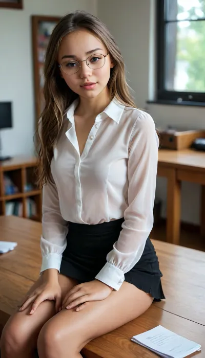 a young, 1, very tall girl, (11), very thin, model-like, with long legs, 18 years old, sweet, modest, naive, with a naive look, very long, slender legs, thin, slender waist, seductive, ..., (short black pencil skirt, a white sheer blouse, thin-framed glasses, plain panties accidentally visible), office, <lora:MJ52:.8>, Cute, <lora:FDXLBigEye:.8>, (alexis ren:1.1), (((face expressing happy orgasm)), shiny lips, (dynamic pose), sharp, flash, ((loli_child)), 18years old, (((sits on the table and masturbates, orgasm face, strokes herself in the bliss of orgasm, moans from orgasm))))