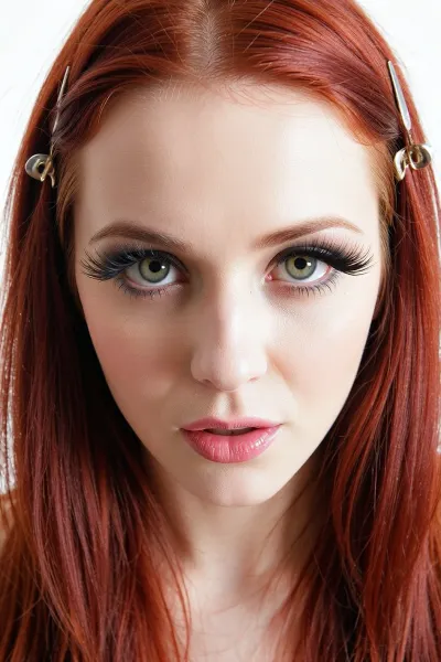 (Kubrick stare, predatory smirk:20), (unnerving, psychotic woman, crazy ex-girlfriend:8), (intense 27yo woman, heavy makeup, long false eyelashes), (vibrant flaming red hair, long luxurious hair, straightened hair, bobby-pin), (flawless pale skin), (large expressive eyes, pale hazel-green eyes), (surreal overexposed lighting, low contrast, blown-out white levels), (tight face close-up, focus on eyes)