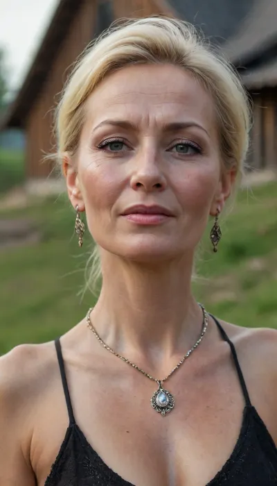 russian village Russian village woman 50 years old, blonde, ((perfect body shape)), earrings, bright makeup, freckles, wrinkles, ((wrinkles)), necklace