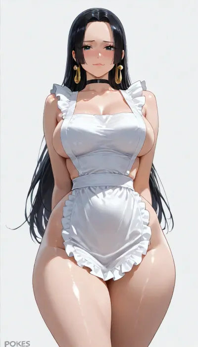 Sole girl, Boa Hancock from One Piece, thick mature female, naked, 20 years old, beautiful slim body, medium natural breasts, (wide hips, thick thighs:1.3), portrait, beautiful eyes, looking at viewer, black choker, soft smile, flushed cheeks, blushing, (standing, white background:1.3), detailed shadows, sexy pose, hands behind her back, (naked, wearing only a white apron, pokies:1.3), view from below