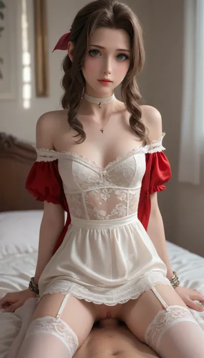 Aerith Gainsborough, long brown curled hair, bold green eyes. C size breasts, thin waist, slender thighs, slim legs, hourglass figure., (Extremely textured white lace sheer off-shoulder, mini-dress, thigh high white lace stockings, garter, white choker), arms tied behind back, pov, kneeling, Legs spread, straddling man's waist, cock in pussy, missionary sex