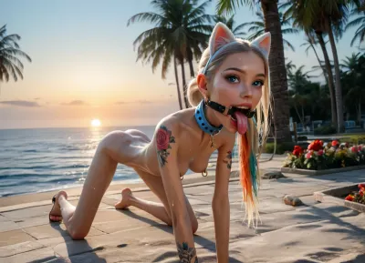 outdoors, (white shore ocean of paradise island park:1.4), ((top closeup narrow innocent looking face view:1.8)), (very beautiful perfect face to viewer:1.7), (young low skinny girl with fake implanted spherical big breasts:1.6), (on knees and elbows:1.4), (upper body forward down:1.5), (perfect:1.5), (skinny very flat ass up a little:1.5), (small very beautiful petite woman:1.5), (21 years old Ukrainian model cutie:1.4), (sweaty:1.1), ((short stature slender fit very skinny body:1.7)), ((short small thin waist:1.7)), ((very large distance between legs:1.7)), (very low pelvic:1.4), (wide shoulders:1.7), (very shapely legs very spread apart:1.6), (nipple ring piercings:1.3), (clear narrow detailed perfect light grey-blue eyes:1.6), (perfect lips), (electronic mouth spreader ring gag:1.5), ((very long wide smooth light white tongue out down:1.7)), ((round tongue's end:1.6)), (wide open big mouth:1.7), (light blonde with rainbow smooth silky hair ponytail:1.5), ((very large distance between rounded breasts:1.6)), (tan fair skin:1.5), thin beautiful eyebrows, (very gorgeous:1.5), (sexy:1.4), (satisfied:1.6), (glowing fluffy silver fake small short cat ears:1.4), (white massive very oversized electronic collar device around very short throat:1.5), (tattooed body:1.4), (tattoo:1.3), (seductive sexy makeup:1.5), (long black eyelashes:1.4), lipstick, (stunning:1.3), (dimples:1.4), (masterpiece), (beautiful lawn with low flowers:1.3), (in lounge bungalow:1.3), (palm trees:1.1), (bright day with orange sun:1.3), (realistic warm lighting with soft contrast:1.3), <lora:Microwaist_XL_v01:2>