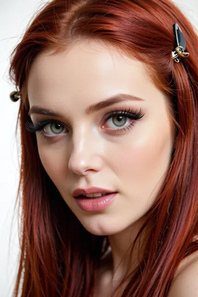 (Kubrick stare, predatory smirk:20), (unnerving, psychotic woman, crazy ex-girlfriend:8), (intense 27yo woman, heavy makeup, long false eyelashes), (vibrant flaming red hair, long luxurious hair, straightened hair, bobby-pin), (flawless pale skin), (large expressive eyes, pale hazel-green eyes), (harsh overexposed lighting, low contrast, blown-out white levels, flash photography), (tight face close-up, focus on eyes)