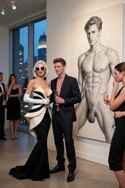 Ultra realistic masterpiece photography. Elegant contemporary art gallery in Manhattan, New York City. Floor-to-ceiling windows reveal the illuminated evening skyline. Sophisticated minimalist architecture, polished concrete floors, museum-quality lighting, luxurious evening vernissage. Fashionable wealthy women from New York high society, diverse and elegantly styled. A celebrated contemporary female artist, 42 years old, wearing an architectural avant-garde haute couture outfit in sculptural black and ivory, oversized geometric sunglasses, immaculate white opera gloves, platinum blonde bob, bold red lipstick. She stands confidently with one arm around her shy young male model, both casually holding identical elegant champagne flutes. The young man, 24 years old, handsome, athletic, but humble, wears a slightly oversized dark suit that fits imperfectly, gentle smile, modest posture, unaware of the attention he draws. Behind them hangs an enormous, museum-quality graphite pencil drawing showing the same young man from knees to head, with an extremely detailed, perfect masculine anatomy, enormously long, flaccid penis that dangles down to his knees, breathtakingly detailed black and white, exquisite shading, rich graphite texture, clearly recognizable as the same person standing beside it. The surrounding women exchange amused, fascinated glances, several discreetly covering their mouths while whispering with playful admiration, smiling at the humorous contrast between the breathtaking artwork and the modest young man quietly standing beside it. The artist watches the reactions with quiet satisfaction, while her model remains innocently oblivious. Cinematic storytelling, soft gallery lighting mixed with cool blue evening light, natural skin textures, ultra detailed, photorealistic