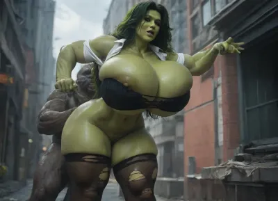 Distant shot, wide shot, Outdoors, on a skyscraper rooftop, Interracial superhero sex, standing doggystyle sex, powerful naked extremely tall dark skinned African American superhero brute, fucking naked athletic ultra muscular 35yo green skinned She-Hulk superhero body builder from behind, She-Hulk is leaning forward with her palms pressed to a wall, She-Hulk has a beautiful flawless Instagram Model face with large equal seductive green eyes, full lips and defined cheekbones. She-Hulk is seduced into having rough sex, She-Hulk has enormous muscles all over her body, She-Hulk was a lawyer before she transformed into She-Hulk, Her professional clothes are torn and shredded after her transformation, her white blouse is torn open, her black stockings are stretched and torn, her black bra has snapped off, her black miniskirt is lifted over her ass, (She-Hulk has green skin:1.4), huge chest circumference, (massive breasts:1.2), muscular body, hip gap, (narrow waist), pussy cameltoe, She-Hulk has extremely long thick wild green hair, (extremely long hair:1.1), (extremely thick hair:1.3), . Black superhero brute grabs She-Hulk by the hips as he fucks her with his long thick cock, his cock is half way into She-Hulk's ass. She-Hulk is powerless to resist, She-Hulk is in exquisite pain, grimacing, struggling, rough sex, She-Hulk is exhausted, sweating heavily, covered in sweat, oiled body, (bukkake:1)