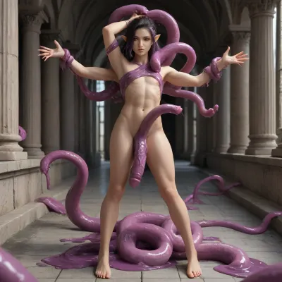elf femboy, extremly pale skin, bone spikes growing out of skin, glowing eyes, red eyes, dark purple penis, huge penis, huge spikes on penis, mutated penis, full body, black sclera, muscular, muscular femboy, side shave, black hair, purple highlights, towering tall femboy, textured penis, mysterious purple haze, penis tentacles, erect penis, standing in a puddle of purple goo, tentacles growing out of the purple goo, reaching out to viewer with one hand, tentacles stretching towards viewer, they are about to fuck every hole in the viewers body, they will fuck viewer to the point his holes are permanently stretched, covered in slime, tentacles coiling around arms and legs, ancient mysterious temple, wierd mutations in body, (too long arms, deformed patches of skin, small tentacle in hair)