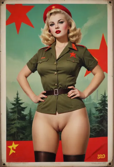 Pov photo, Instagram model face, Russian, ((blonde from St Petersburg)), (((bottomless))), (((bare ass))), (((fluffy blonde heavily hairyvpube))), bimbo, (((((Soviet Russian Communist))))), ((Juche)), patriotism, wet sweaty body, big text on poster, sweaty body, (((green tight soviet military uniform 50's))), (((old soviet military poster, pin up 1940's))), (((Pin up. Movie poster 1950's))), ((german army rubber uniform)), stockings, fat red lips, Photography, photorealism, a beautiful army woman, tall, beautiful perfect figure, long hair, Knee-high boots, perfect tall legs, charming eyes, sad yet gracious face, dark background, fantasy art capturing the style of Aaron Horkey, Jeremy Mann and Luis Royo, body-focused composition from a low angle, alluring figure, dark fantasy, dynamic composition, black white photo 1950's, red lipstick, warm hues, showcases acrylic calligraphy, watercolor techniques integrated seamlessly into a maximalist masterpiece, detailed with gouache fluidity, golden hour light, hyperrealism, hypperrealistic, hyperdetailed, 64k, ultraHDR, Movie, Poster, page, <lora:Movie Poster:.5>, <lora:Pussy_pants_nohands_D03_realvizXL2_bucket_01-000010:.5>