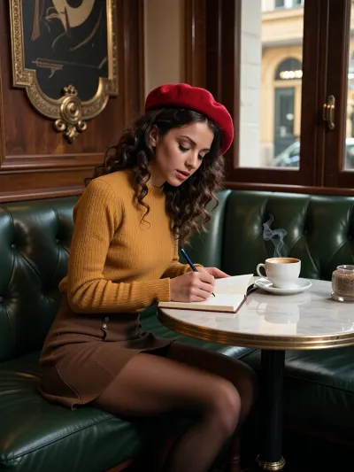 A beautiful female writer sitting at a small, round table in the intimate corner of a Parisian café. She has curly brown hair and wears a mustard-coloured woollen top paired with a short brown skirt and black tights, topped off with a stylish red beret. She is intently writing notes in a notebook, surrounded by the elegance of Art Deco design. The café features lush green leather upholstery and classic vintage mahogany decor. The rich hues of the warm lighting create a cosy, inviting atmosphere. A wisp of steam rises from a cup of coffee that sits on the table, with soft light reflecting off it. The composition should highlight the tranquillity of the moment while emphasizing textures like the wool of her sweater and the leather of the seating. Aim for a high-resolution image with a soft focus, capturing the serene mood of creativity and warmth.
