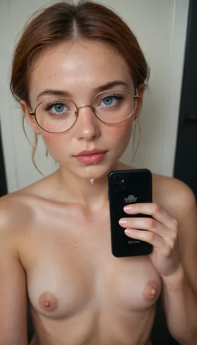 Iphone selfshot in a mirror, amateur selfie, gorgeous petite tiny redhead girl, (mature adult face:1), slim tiny figure, slim body, very short hair, 18yo, German, freckles on face and body, whole body, natural eyes, cumshot, facial, cum on mouth and tits, face to viewer, small round breasts, flat chest, puffy nipples, long nipples, big nipples, glasses, top view, frontal view, shiny shiny tits, perky round tits, dark background, maximum photo quality, ultrarealistic photo, maximum realism, maximum resolution
