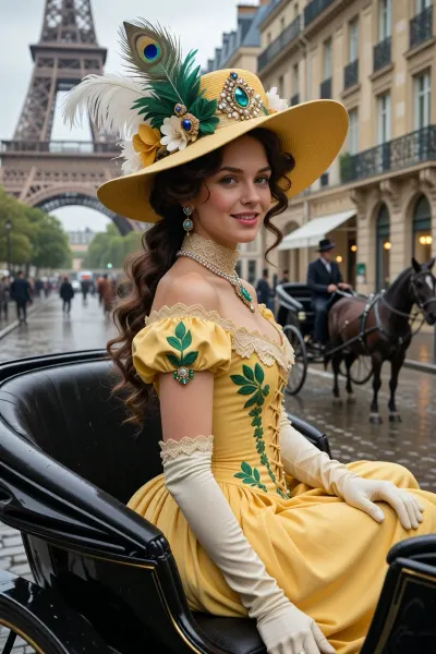 A young woman from the 1910s, at the end of the Belle Époque, sits in a single-seater black lacquered carriage on the wet cobblestones of Paris. A large yellow hat with wide brims, adorned with large peacock and white ostrich feathers, artificial green leaves and artificial flowers, and jewelry set with precious stones—sapphires, emeralds, and diamonds. Long, wavy chestnut hair in soft curls. Bare shoulders, a bright yellow satin dress with voluminous short sleeves, lace trim, green leaves embroidered on the bodice, and a laced corset. Long white opera gloves. A pearl necklace with a large emerald set in a diamond frame, emerald earrings. A gentle smile, her gaze directed at the viewer. In the background, the Eiffel Tower, Parisian buildings, another horse-drawn carriage with a coachman, and pedestrians. A cloudy day, wet streets, soft, diffused light. High level of detail, photorealism, and historical accuracy reflecting the fashion of 1910–1914.