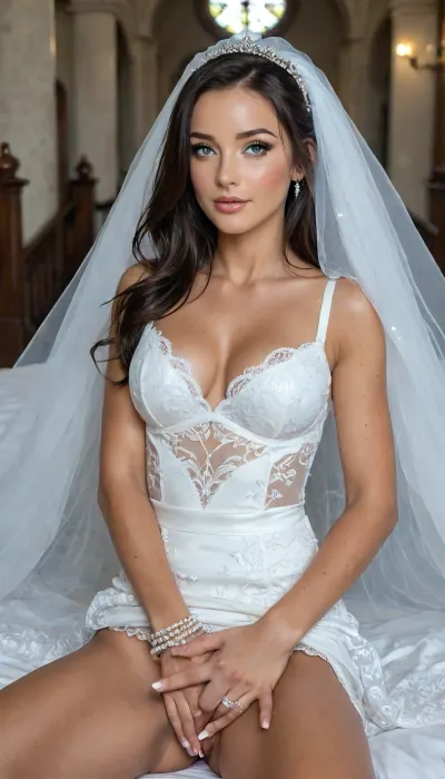 masterpiece, cinematic photo of one women, HQ, perfect light, perfect vibrant eyes, 25 year old bride, instagram model, ((((grabbed breast by left hand)))), (((masturbating by right hand))), laying on the alter in a church, (dark hair, very long wavy tousled hairstyle), looking into the camera, ((((elegant white satin and lace bridal dress)))), ((deep neckline)), edgOrgasm, focus, woman, with, edgOrgasm_face, masturbation, fingering, female_masturbation, grabbing_own_breast, <lora:attractive_notrigger:1.8>, <lora:BUT_SDXL_SHS:1.7>, <lora:Vivid Midjourney mimic - XL SDXL v2.0:2>, <lora:add-detail-xl:1.8>