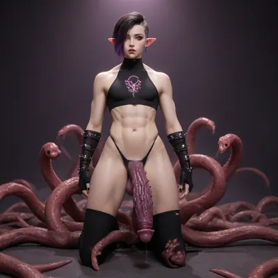 elf femboy, extremly pale skin, bone spikes growing out of skin, glowing eyes, red eyes, dark purple penis, huge penis, huge spikes on penis, mutated penis, full body, black sclera, muscular, muscular femboy, side shave, black hair, purple highlights, tall femboy, textured penis, mysterious purple haze, penis tentacles