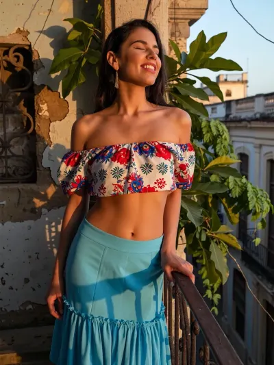 A striking image of a beautiful Cuban woman standing on a balcony in Old Havana, bathed in the warm glow of a sunset. She has her eyes closed, a serene smile on her face, savouring the golden rays of the sun on her skin. Her attire consists of a vibrant Camisa de Campesina with intricate floral patterns, worn off the shoulders, and a flowing sky blue Pollera skirt. The composition should include lush green foliage and old weathered walls of the colonial architecture in the background, highlighted by the rich, warm colours of the sunset. The atmosphere is joyful and tranquil. Aim for high resolution, to capture every detail vividly.
