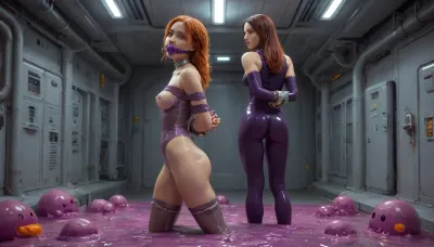masterpiece, 4k, 1 slim babe, medium breast size, German athletic girl with muscular legs and ass, in spaceship, (standing in spaceship over slime bowl, purple ball gagged:1.2), red hair, grey eyes, (hands tied behind her back with metal cuffs:1.5), bdsm, view from rear, legs spread, looking back at viewer, submissive, long hair, nipple piercing, (muscular slim body:1.2), tight big silver choker around her neck, tears, (body oiled up:1.3), (shiny oiled body:1.3), body oil, standing, (pearlescent silver purple transparent bodysuit, brassiere, dense durable transparent silicone shapewear bodysuit, glossy purple transparent latex stockings and garter belt), viewed from rear, ((octopus tentacle monsters), tentacle dick, (anal)), Read, instruction, for, the, complete, features, Tentacle, nest, Slimy, swamps, giant, slime, mushrooms, soft, tentacle, sex, Slime, scene, prisoned, in, experimental, glass, tube, Love, tentacles, opening, anus, vagina, spreading, pussy, sucking, a, blowjob, Massive, penetration, Icy, blue, thick, penis-shaped, penis, shaped, hair, queen, of, Sparta, Futuristic, powered, outfits, tribal, body, paintings, tanned, glossy, skin, covered, with, colored, and, dark, mud, Cum, drip, floods, from, her, mouth, ears, massive, cum, flood, on, floor, Sticky, liquid, dripping, suspended, above, ground, by, ropes, top-down, bottom-up, Pleased, Surprised, breathless, Flirty, Closeup, Depth, field, bottom, view, belly, under, Shiny, Darkness, View, ass, behind, futuristic, l4b0r4t0ry, great, lighting, 4ng3l, face, <lora:Tentacles_RELOADED:1>, <lora:futuristic_l4b0r4t0ry:.8>, <lora:great_lighting:.8>, <lora:SDXL_BetterFaces-LoRA_v1:.8>, focus pussy