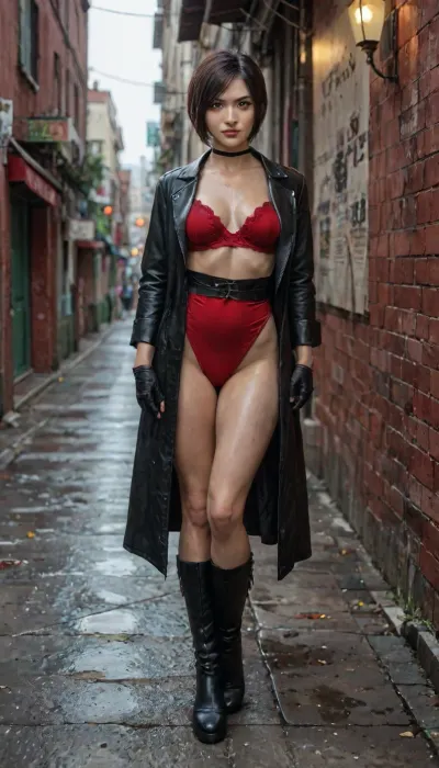 8k, score_9, score_8_up, score_7_up, score_6_up, FILM PHOTOGRAPHY STYLE, cinematic photography of a woman, professional portrait photo realism, Ada Wong from Resident Evil, ultra-detailed, 1girl, solo, dark brown eyes with cold calculating gaze, sleek black bob hairstyle with side-swept bangs, beautiful sharp Asian features, mysterious seductive smirk, looking at viewer, intense knowing expression, wet skin glistening with sheen, moody blue-red urban night lighting, skin texture visible, (confident sexy pose:1.2), standing against rain-slicked brick wall, one hand holding trench coat slightly open, other hand on hip, weight shifted to one leg, chest pushed forward, (hourglass curves:1.3), athletic toned build, (firm medium breasts:1.3), wearing a long black leather trench coat, nothing visible underneath except glimpses of bare skin, black thigh-high stiletto heel boots, black leather gloves, spy atmosphere, dark rainy Raccoon City alleyway, wet asphalt reflecting neon signs, flickering streetlight, cinematic noir lighting, photorealistic, sharp focus, high contrast, deep shadows, depth of field, full body view, <lora:ratatatat74-000050:.8>, <lora:NEOTOKIOXL_0.2_RC:.8>, <lora:detailed_notrigger:2>, <lora:LCMTurboMix_Euler_A_fix:.8>, <lora:add-detail-xl:.8>