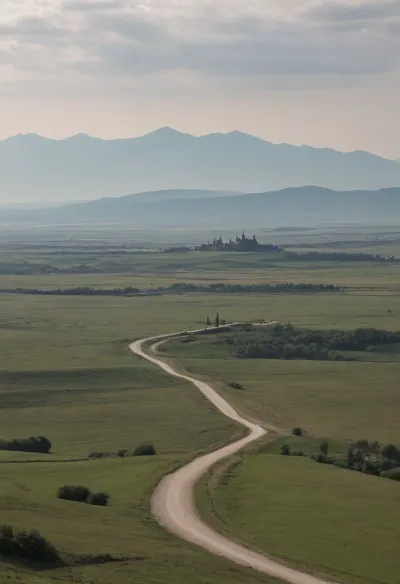 View from a low hill of a waste plain stretching to the horizon, mountains on the horizon, a country road from the hill to the mountains, passing a small castle far below on the plain near the mountains, the road has a bridge across narrow river flowing from left to right ща the plain, (view from distance, view from afar:1.6)