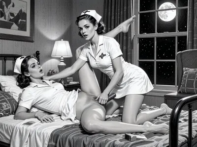 This is a detailed monochromatic pencil drawing in a classical illustrative style depicts a scene set in the living room of an American house from the 1950s. extremely stylized background, BDSM, 2 lesbian nurse
---------------------------------------------------------------------------------------
In a full view picture a 2 lesbian nurse, nurse is fucked doggystyle by a brunette lesbian strap on strapon on a messy hospital bed. Vaginal sex, The nurse is wearing a mini-dress white nurse uniform, very short, it is possible to see her shaved pussy, it is night at the only light in the room is bright moonlight coming from one large window, uniform.
---------------------------------------------------------------------------------------
The overall style is a black and white pencil drawing, capturing a candid moment. The scene has a formal, organized atmosphere. The overall mood is intense, rendered in fine, expressive line work and subtle shading, evoking the style of 1950s satirical or moralistic illustrations.