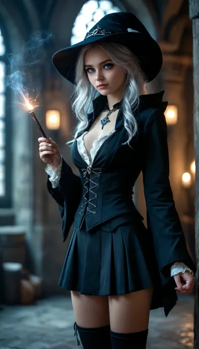 Wizard School, a 18 year old girl, in an old dark dungeon with no windows and no light, The background is barely visible, full body view, silver hair, perfect eyes, perfect face, perfect lighting, beautiful, high detail, octane render, detailed eyes, (full-body shot), (sexy female wizard student), holding a small wizard wand, light at the tip of the wand, black wizard hat, black school uniform, black blouse, short black skirt, black cloak, boots, black eyeliner, deep cleavage, big firm breasts, open blouse, athletic body, silver necklace, no panties, JS_ShortSkirt, (dark ambiente:1.1), (shadows:.1), 8k, best quality, (masterpiece), (intricate details), bright, blue, eyes, <lora:MJ52:.8>, <lora:Portrait_perfection:.8>, <lora:bright_blue_eyes:.8>