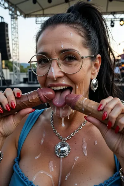 4k, ultra high resolution, face of an elderly 60year old beautiful looking italian woman on an open air music stage and holds 2 small and short cumdripping penisses from 2 standing men, (fully clothed), woman holds the cocks horizontally with both hands in front of her face licking the tips of the cumdripping penisses, (one dark brown, one light brown), woman is getting a bukkake facial with very much cum in mouth, cumdripping tongue, much cum on head and on hair, much cum on face, much cum on glasses, cumdripping lips, cum on tits, much cum on blue costume top, laughing and showing teeth, looking very happy, looking to viewer, woman with ultra high detailed face, long black hair with big pinned up ponytail, open, round silver glasses, big silver necklace, big round silver earrings, ultra high detailed brown eyes, face with visible skin wrinkles and freckles, big red lips, very long red fingernails, background open air music stage, summer sundown