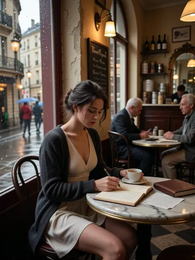 A cinematic, photorealistic scene of a very busty young female writer sitting alone at a small table inside a tiny, cozy French café, absorbed in her work. She is in her late twenties, naturally beautiful rather than glamorous, with slightly tousled dark brown hair loosely pinned up, a few strands falling around her face. She wears a soft cream blouse dress beneath a worn dark cardigan, understated and quietly elegant.

She sits beside a rain-speckled window at a small round marble café table, leaning slightly over an open notebook filled with handwritten pages. One hand holds a fountain pen paused thoughtfully above the paper while the other rests around a small porcelain cup of coffee. Several loose pages, and a closed leather-bound notebook lie beside her. Her expression is distant and contemplative, as though she is searching for exactly the right sentence.

The café is intimate and unmistakably French without feeling staged, aged plaster walls in warm muted tones, dark bentwood chairs, tiny marble-topped tables, an antique mirror behind the bar, handwritten chalkboard menus in French, shelves with wine bottles and old coffee tins, brass wall lamps casting a warm amber glow. A quiet waiter works softly in the blurred background while two elderly locals sit talking at another table.

Outside the window, a narrow Parisian side street glistens after light rain, with blurred pedestrians beneath umbrellas and the warm glow of street lamps beginning to appear in the late afternoon.

The atmosphere is warm, intimate, literary, nostalgic, and deeply lived-in — a private creative moment sheltered from the gray world outside. Natural window light mixed with warm practical café lighting, subtle reflections in the glass, shallow depth of field, delicate film grain, rich natural textures, realistic skin, candid documentary-style composition, cinematic 35mm photography, muted European color palette, sophisticated visual storytelling, authentic French café atmosphere, no posing, no awareness of the camera.