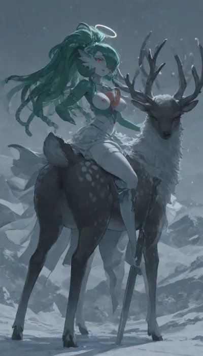 1girl, solo, 30yo, (((Gardevoir))), (broadsword), halo, voluminous extremely long dreadlocks ponytail, slim body, perfect eyes, deep gaze, freckles, medium breasts, nipples, long ruffled skirt, very high heels, knee high boots, ((riding a giant deer)), (snowy mountains), ac_neg1, <lora:add-detail-xl:.8>
