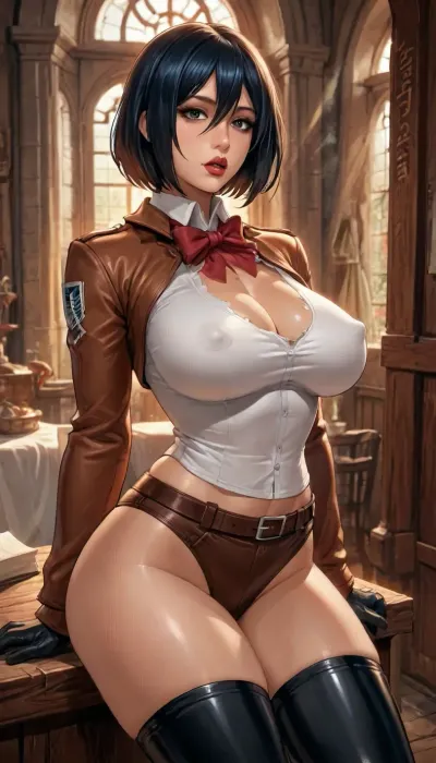 Mikasa Ackerman, big thighs, big breasts, black makeup, black lips, erect nipple's, saliva, reiq style, <lora:LCMTurboMix_Euler_A_fix:.8>