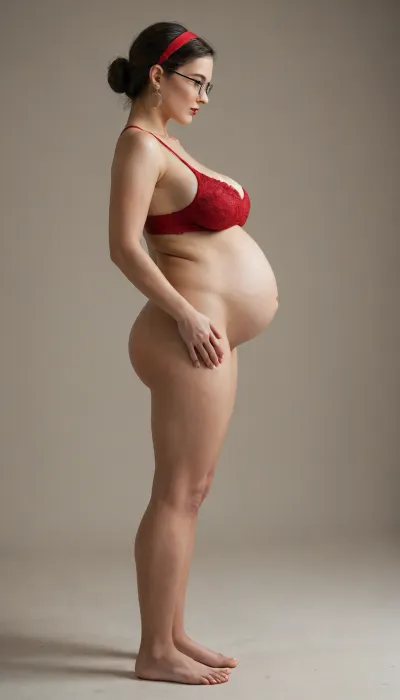 side view, flash, earrings, hair band, big breast, closeup, glasses, pregnant, red lipstick, full body