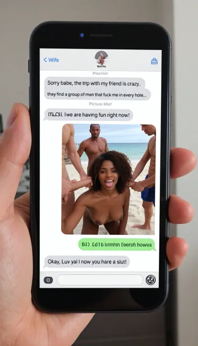 full screen, a man's hand is holding a smartphone, neutral room background, on the screen showing a selfie photo in a text message chain in perfect letters with a title at the top of the screen that says, "Wife" below in perfect letters, in the the chat says, "Sorry babe, the trip with my friend is crazy.", "they find a group of man that fuck me in every hole...", picture title next that says "LOL! we are having fun right now!", next is two selfie pic of as if the smartphone is taking a picture. pictures of a young african woman, ultra black skin woman, with curly brown hair, on the beach picture, she is naked, nude, she is kneeling in the middle of a group of men, on the ground, men standing around her, she is making two handjob at two different men, bukkake, (((cum on her boobs and face))), cum on boobs., a reply that read, "Okay, Luv ya! I now you hare a slut!"