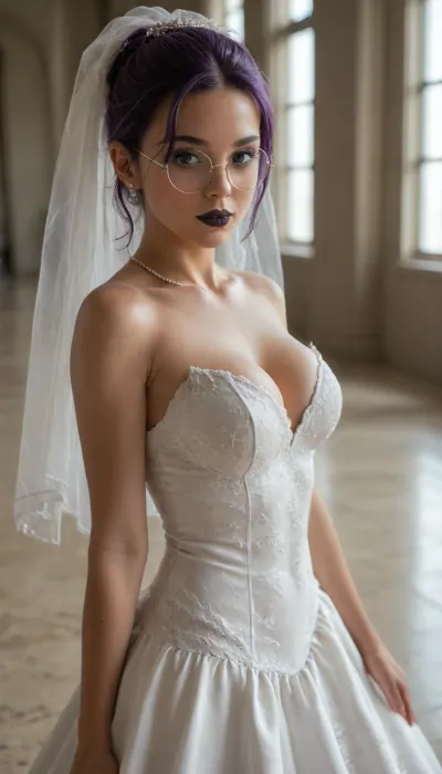shallow depth of field, 85mm lens, 18-year-old, beautiful, athletic, young, petite, female, purple hair, ((black eye shadow, black lipstick)), tanned skin, tight large breasts, ((small round glasses)), ((bridal veil)), (((satin bridal dress))), posing sexy in a Victorian living room, direct eye contact, warm glow, cinematic atmosphere