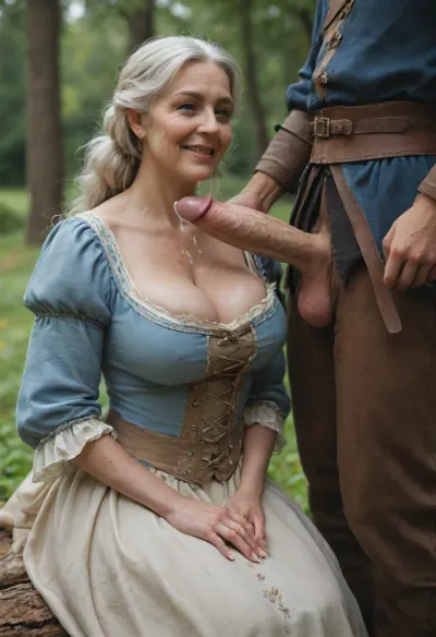 1700's time period, (beautiful old woman with massive saggy boobs:1.5), (big cleavage), (fully clothed in medieval period clothing:1.5), sitting on a log, (man wearing medieval period clothing standing near to her:1.3), (only his lower body is in the image), (his massive wide and long hard penis is out of his pants close to her face), (happy look), (her eyes are locked at the massive cock:1.3), (cock cumming on her face:1.3), (big load of cum hitting her face:1.3), (massive amount of sperm dripping from her face down to her breasts:1.3)