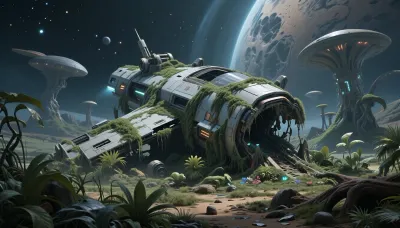 wreck of a spaceship, the wreck is covered with vegetation, alien planet, fantastic vegetation, fantasy world, sci-fi