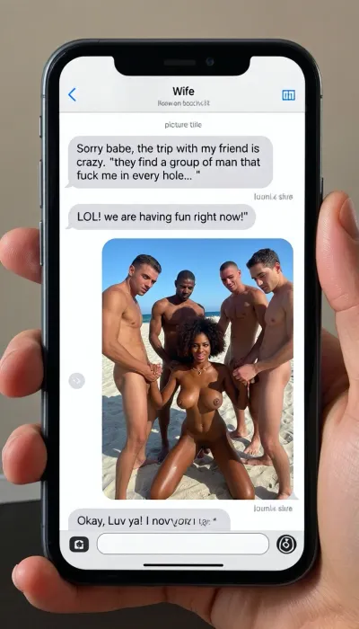 full screen, a man's hand is holding a smartphone, neutral room background, on the screen showing a selfie photo in a text message chain in perfect letters with a title at the top of the screen that says, "Wife" below in perfect letters, in the the chat says, "Sorry babe, the trip with my friend is crazy.", "they find a group of man that fuck me in every hole...", picture title next that says "LOL! we are having fun right now!", next is two selfie pic of as if the smartphone is taking a picture. pictures of a young african woman, ultra black skin woman, with curly brown hair, on the beach picture, she is naked, nude, she is kneeling in the middle of a group of men, on the ground, men standing around her, she is making two handjob at two different men, bukkake, (((cum on her boobs and face))), cum on boobs., a reply that read, "Okay, Luv ya! I now you hare a slut!"