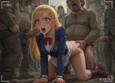 Nsfw, gangbang, all fours, (doggystyle sex:1.4), (pussy sex:1.3), enf, perfect face, masterpiece, big eyes, (wide-eyed), (the girl is 18 Years old French girl dressed in no panties and white skirt and Navy blue blazer and white shirt and red bow tie and Black socks and red shoes and Silver ring bracelet), (smegma in mouth:1.5), (nipple:1.2), medium breast, blue eyes, (blonde hair:1.3), (forehead:1.3), (swept bangs:1.4), long hair, (natural straight hair:1.3), blushing, (angry:1.4), (orgasm:1.3), (crying:1.2), open mouth, shouting, furrowed brow, (medium breast), walking, long shot, city street, (recording:1.2), (homeless man:1.6), (homeless oldmen crowd:1.4), (the girl is excessive blowjob Phimosis penis), grabbing Phimosis penis, scared Up skirt, (the smiling homeless man is dressed:1.3), (homeless man is excessive forced sex:1.3)