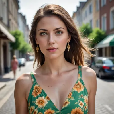 Ultra realistic, natural beauty, 32yo, brunette, green eyes, soft skin, realistic face, golden earrings, wearing a fowered summer dress, walking on street